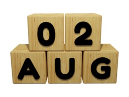 Rendering del calendario in legno 3d della vista frontale dell'illustrazione del concetto del 2 agosto png