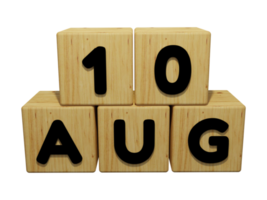 Rendering del calendario in legno 3d della vista frontale dell'illustrazione del concetto del 10 agosto png