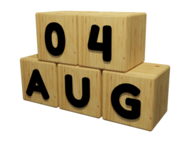 Representación de calendario de madera 3d de la ilustración del concepto del 4 de agosto vista izquierda png