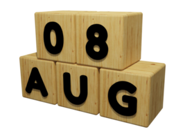 Representación de calendario de madera 3d de la ilustración del concepto del 8 de agosto vista izquierda png