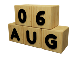 Rendering 3d del calendario in legno dell'illustrazione del concetto del 6 agosto vista a sinistra png