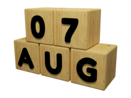 Rendering del calendario in legno 3d dell'illustrazione del concetto del 7 agosto vista a sinistra png