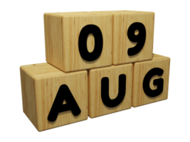 3D trä kalender rendering av 9 augusti koncept illustration höger vy png