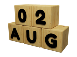 3D houten kalender weergave van 2 augustus concept illustratie linker weergave png