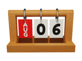 6 augustus moderne unieke houten kalender 3D-rendering vooraanzicht png