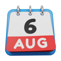 6 augustus dagkalender 3d render vooraanzicht png