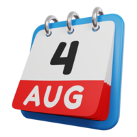 4 de agosto día calendario 3d render vista izquierda png