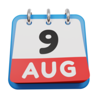 9 agosto calendario giorno 3d rendering vista frontale png