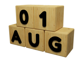 3D houten kalender weergave van 1 augustus concept illustratie linker weergave png