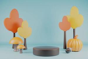 Autumn trees with pumpkin, acorns and mushroom Happy Thahksgiving podium 3d render. photo