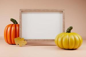 Wooden empty frame yellow and orange pumpkins with oak leave Happy Thahksgiving template 3d render. photo