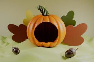 feliz día de acción de gracias calabaza con bellotas y hojas sobre fondo verde 3d render. foto