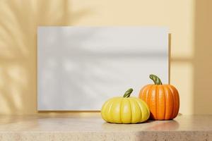 Empty paper with yellow and orange pumpkins Happy Thahksgiving template 3d render. photo