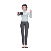 mulher de negócios comemorando enquanto olha para a tela do telefone, ilustração de personagem de renderização 3d png