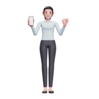 mujer de negocios sosteniendo un teléfono inteligente y mostrando el dedo ok, ilustración de personaje de representación 3d png