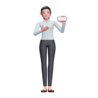 chica con camisa azul que presenta una pantalla de teléfono horizontal, ilustración de personaje de mujer de negocios de renderizado 3d png