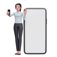 donna d'affari in piedi mentre si effettua una videochiamata e agitando la mano sul grande sfondo del telefono png