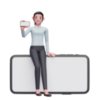 business woman sitting casually on a landscape phone while showing the phone screen png