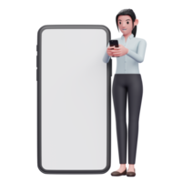 femme d'affaires tape au téléphone à côté d'un gros téléphone avec un écran blanc png