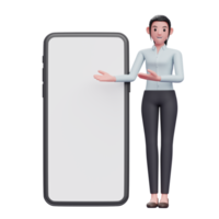 mujer de negocios de pie presentando un teléfono grande con pantalla blanca png