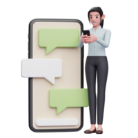 businesswoman is typing on the phone beside a big phone with bubble chat ornament png