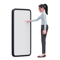 woman playing mobile phone touching phone screen with index finger png