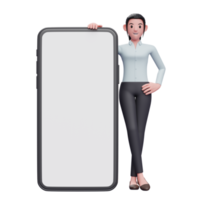 Frau steht neben großem Telefon mit weißem Bildschirm mit gekreuzten Beinen und Händen an der Taille png