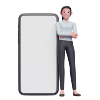 femme portant une chemise bleue s'appuyant sur un téléphone avec un grand écran blanc png