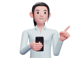 portrait of a business woman holding a cell phone while pointing to the side choosing something png