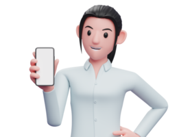 retrato de una mujer sosteniendo y mirando un teléfono celular con la mano izquierda en la cintura png