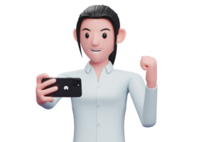 portret van een zakenvrouw die viert terwijl ze naar een mobiele telefoon kijkt png