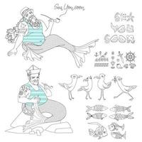 Vector set of Linear Mermaid, seagulls, fish, and marine symbols.