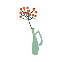 Autumn bouquet. Vector illustration of ceramic vase with sprig of mountain ash isolated on white background.