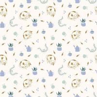 Autumn vibes. Seamless pattern with cats, falling leaves, lights, cozy home stuff. Hand drawn vector illustration in Scandinavian style for textiles, wrapping, scrapbooking and seasonal designs.