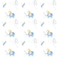 Pattern with cute sleeping elephant, bird and moon. Hand drawn vector characters in simple scandinavian style. Sweet dreams. Ideal kids design, for fabric, textile, wrapping, decorating baby nursery.