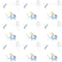 Pattern with cute sleeping elephant, bird and moon. Hand drawn vector characters in simple scandinavian style. Sweet dreams. Ideal kids design, for fabric, textile, wrapping, decorating baby nursery.