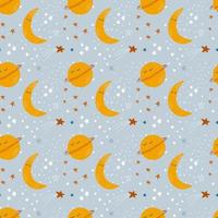 Cute baby cosmic backdrop. Vector seamless pattern with stars, moon and planets in simple hand drawn style. Good for interior decorating, fabric, baby clothes, baby shower decor.