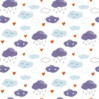 Seamless pattern with clouds, rain and hearts. Hand drawn vector illustration for kids textile, wallpaper, wrapping paper, pajamas.