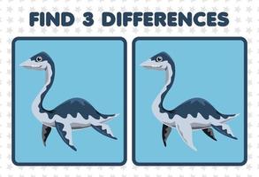 Education game for children find three differences between two cute prehistoric dinosaur plesiosaur vector
