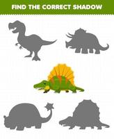 Education game for children find the correct shadow set of cute cartoon prehistoric dinosaur dimetrodon vector