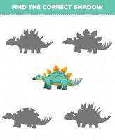 Education game for children find the correct shadow set of cute cartoon prehistoric dinosaur stegosaurus