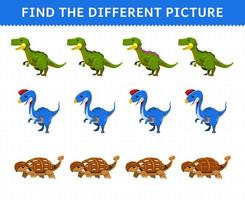 Education game for children find the different picture in each row cartoon prehistoric dinosaur yangchuanosaurus oviraptor ankylosaurus vector