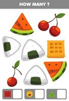 Education game for children searching and counting how many objects like geometric shape square circle triangle cartoon cherry onigiri watermelon slice waffle vector