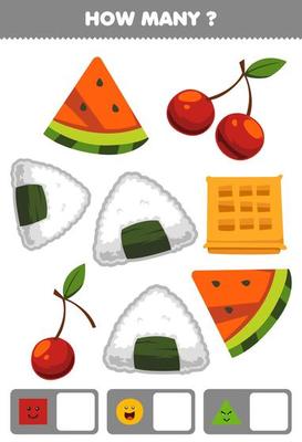 Education game for children searching and counting how many objects like geometric shape square circle triangle cartoon cherry onigiri watermelon slice waffle