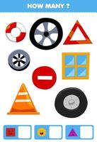 Education game for children searching and counting how many objects like geometric shape square circle triangle cartoon lifebuoy tire wheel traffic cone emergency sign window vector