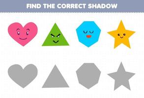 Education game for children find the correct shadow set of cute cartoon geometric shape heart triangle heptagon star vector