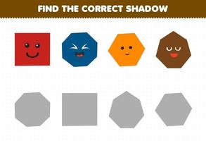 juego educativo para niños encontrar la sombra correcta conjunto de dibujos animados lindo forma geométrica cuadrado octágono hexágono heptágono vector
