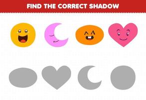 Education game for children find the correct shadow set of cute cartoon geometric shape circle crescent oval heart vector