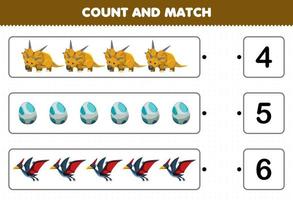 Education game for children count and match count the number of cartoon prehistoric dinosaur and match with the right numbers printable worksheet vector