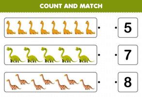 Education game for children count and match count the number of cartoon prehistoric long neck dinosaur and match with the right numbers printable worksheet vector